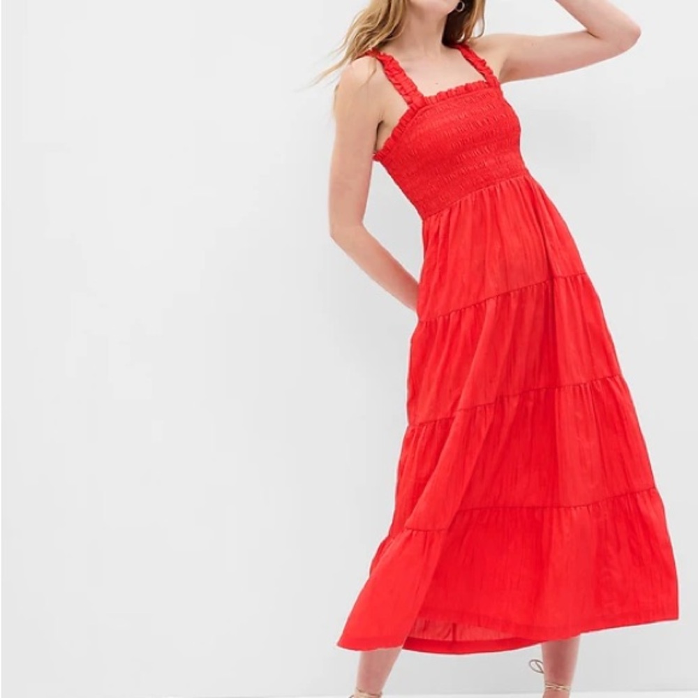 GAP Red Smocked-Bodice Tiered Maxi Dress